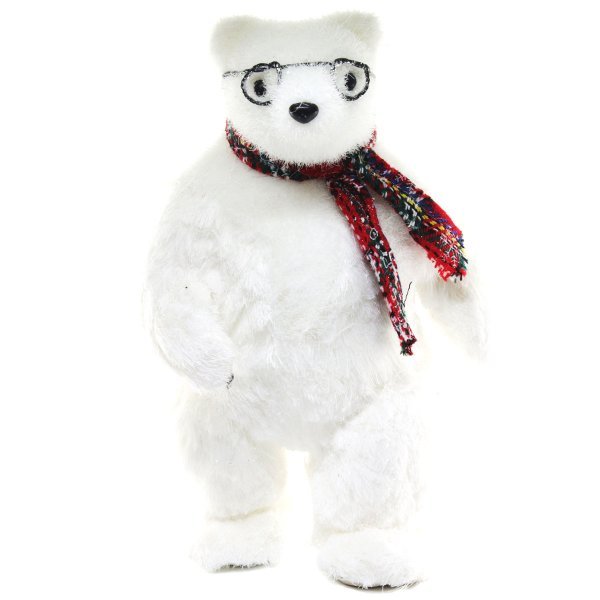 Χριστουγεννιάτικη Διακοσμητική Αρκούδα Λευκή, με Κόκκινο Κασκόλ και Γυαλιά (38cm)